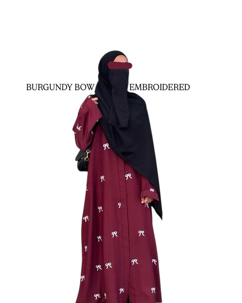 Burgundy Bow Embroidered abaya